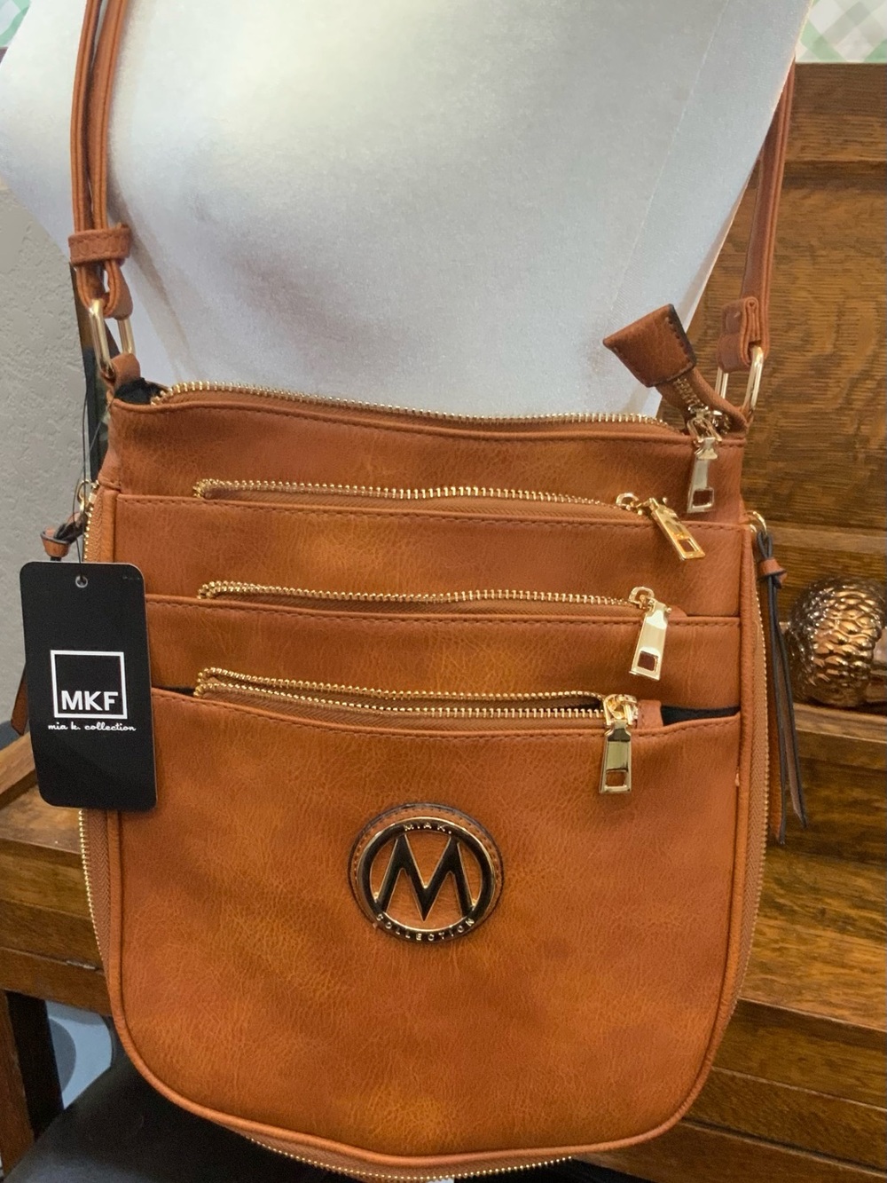 NWT~MKF Tan Multi-Zip Crossbody Bag with Adjustable Strap